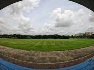 a fish eye shot of a green field